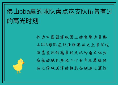 佛山cba赢的球队盘点这支队伍曾有过的高光时刻